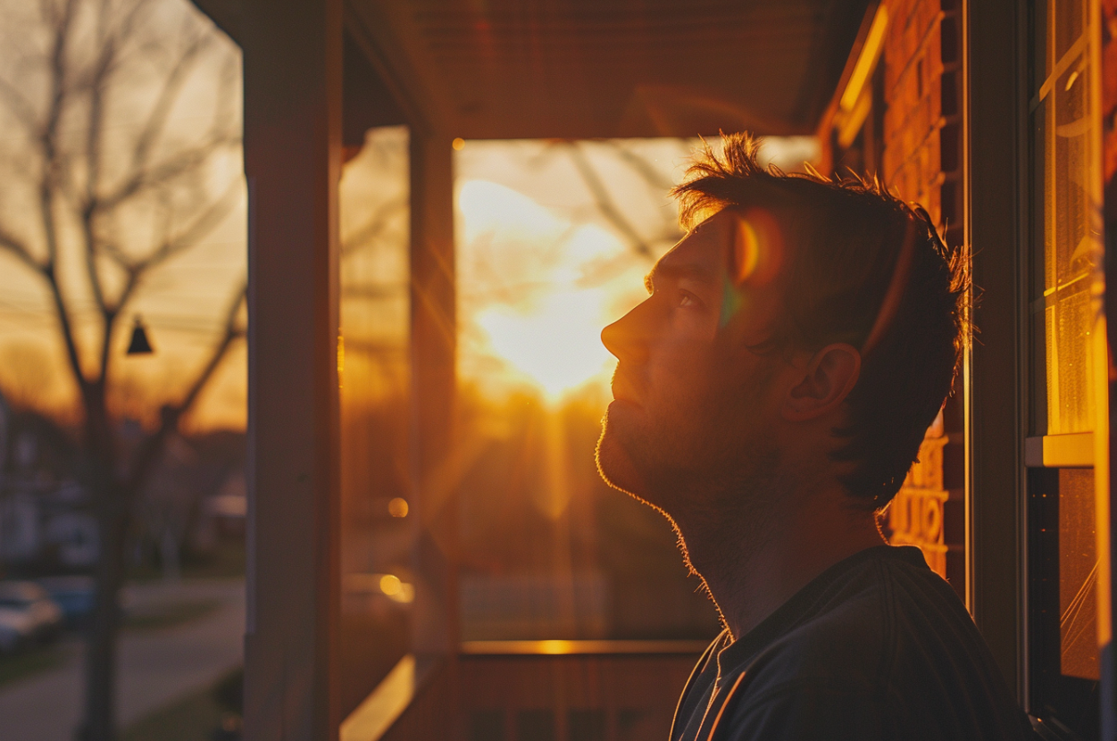 Un homme assis sur son porche au coucher du soleil | Source : Midjourney