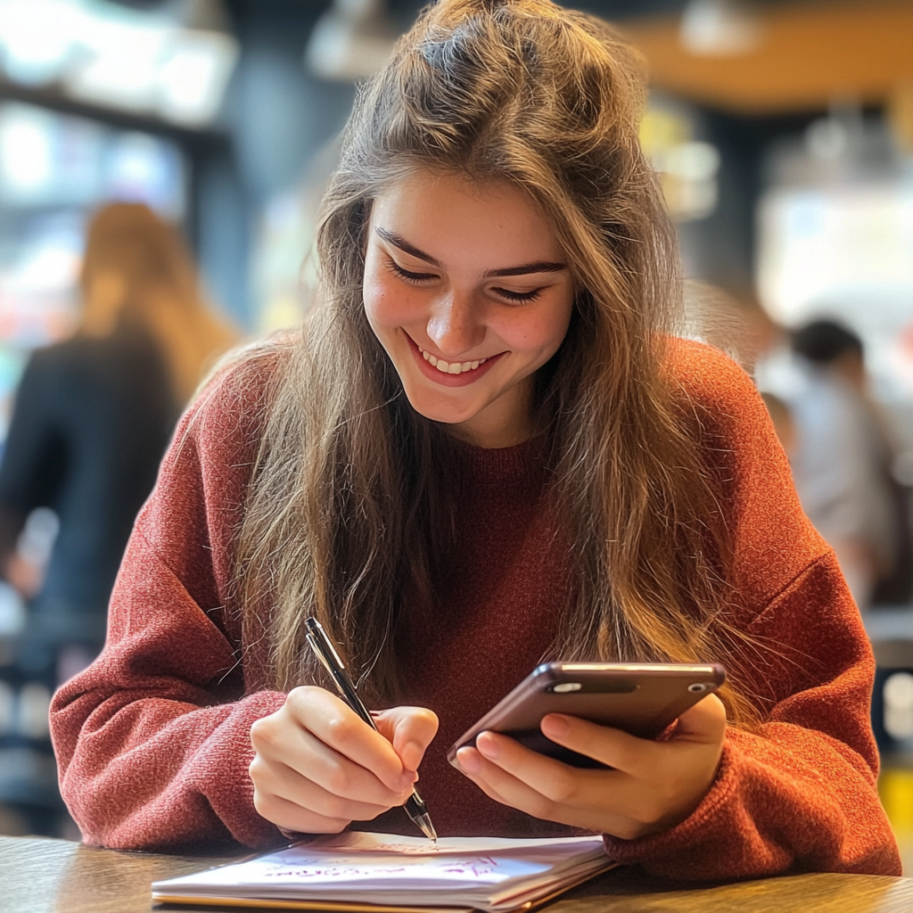 une jeune femme souriante qui écrit dans son journal | Source : Midjourney