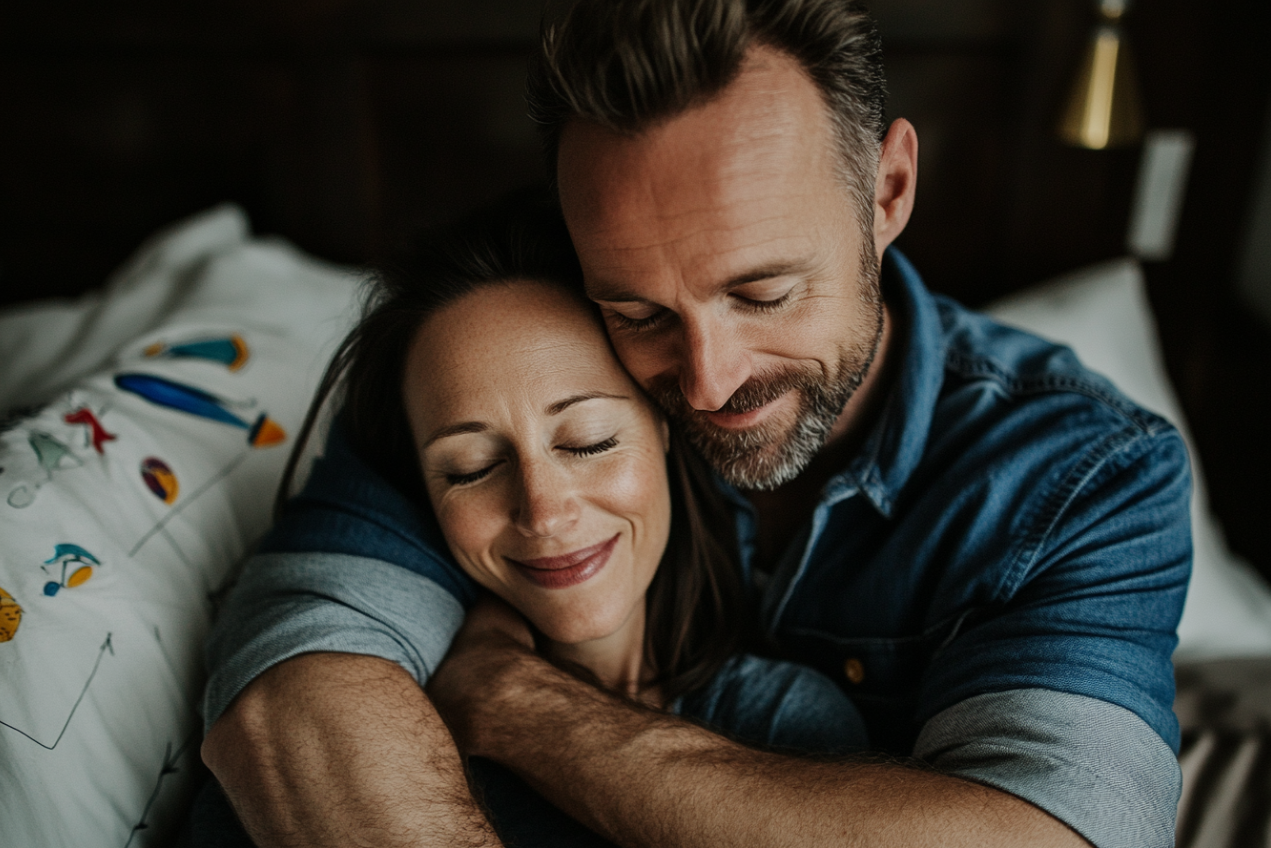 Un homme qui serre sa femme dans ses bras | Source : Midjourney