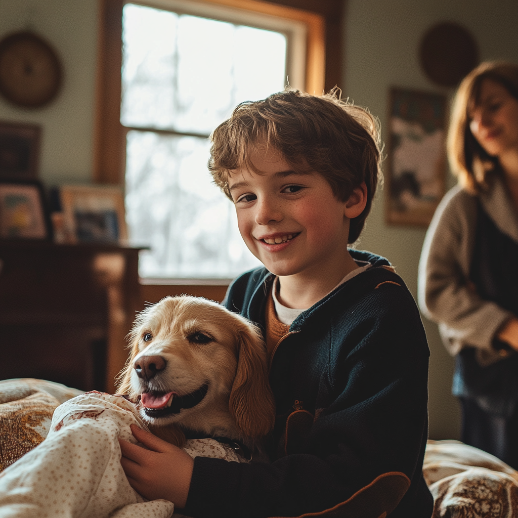 Un jeune garçon se lie avec son chien | Source : Midjourney