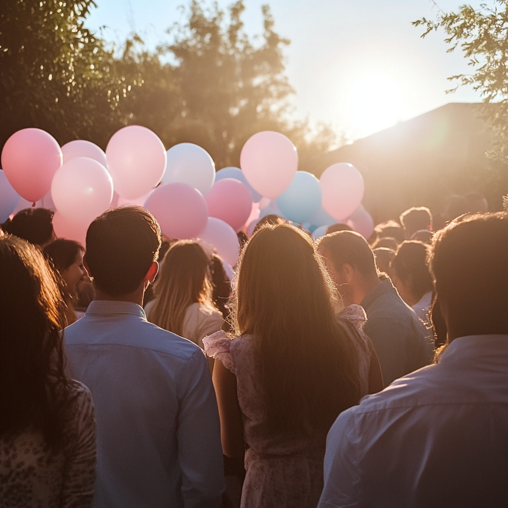 Une foule de personnes lors d'une fête de révélation du sexe | Source : Midjourney