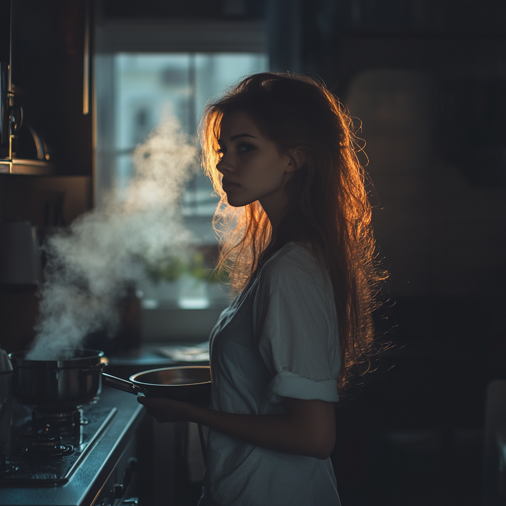 Une femme inquiète en train de cuisiner | Source : Midjourney