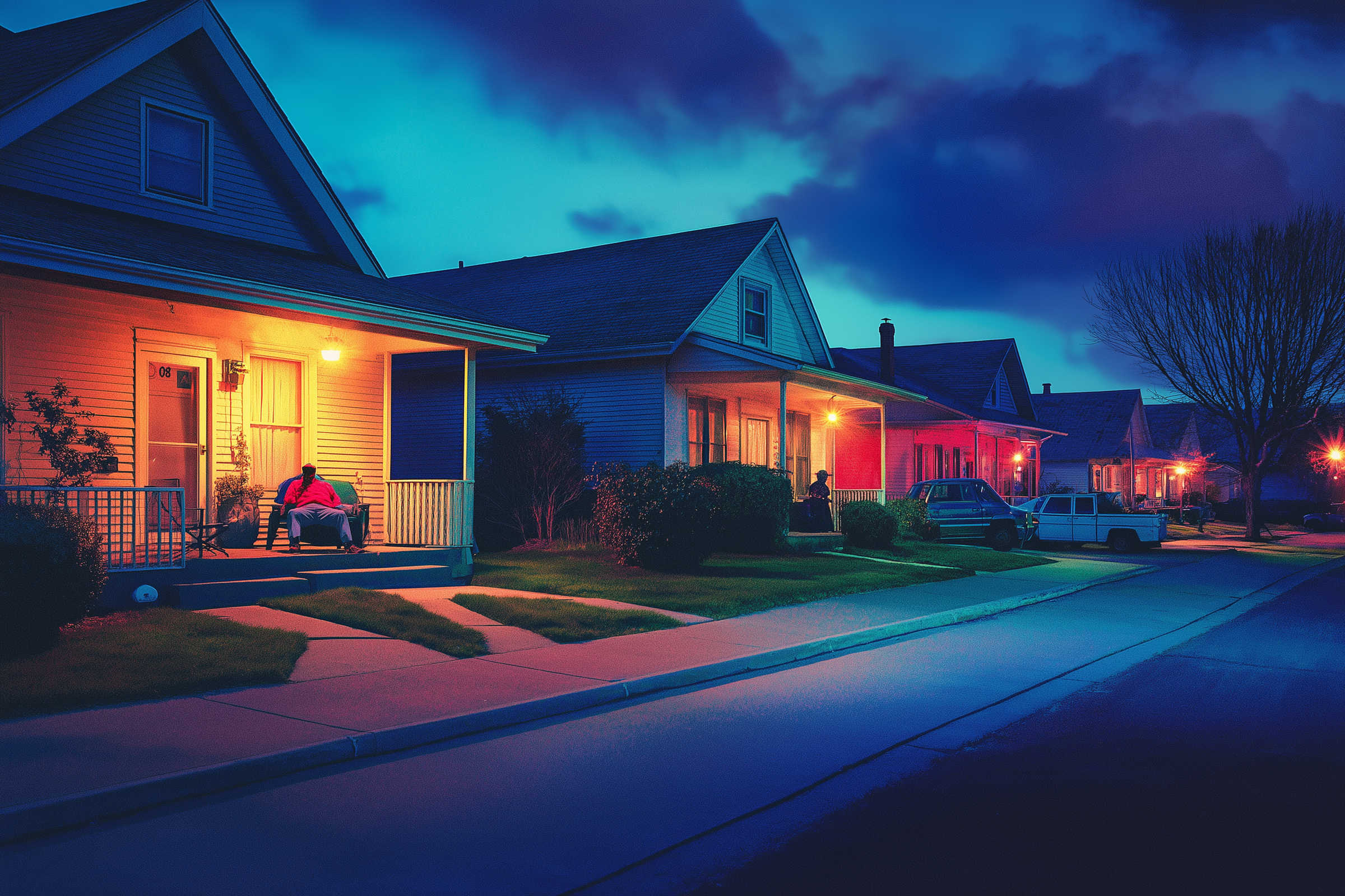 Des gens sur leur porche dans un quartier de banlieue la nuit | Source : Midjourney