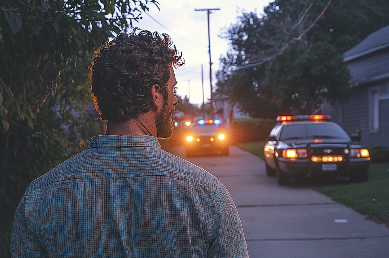 Un homme regarde les policiers s'approcher de la maison d'un voisin | Source : Midjourney