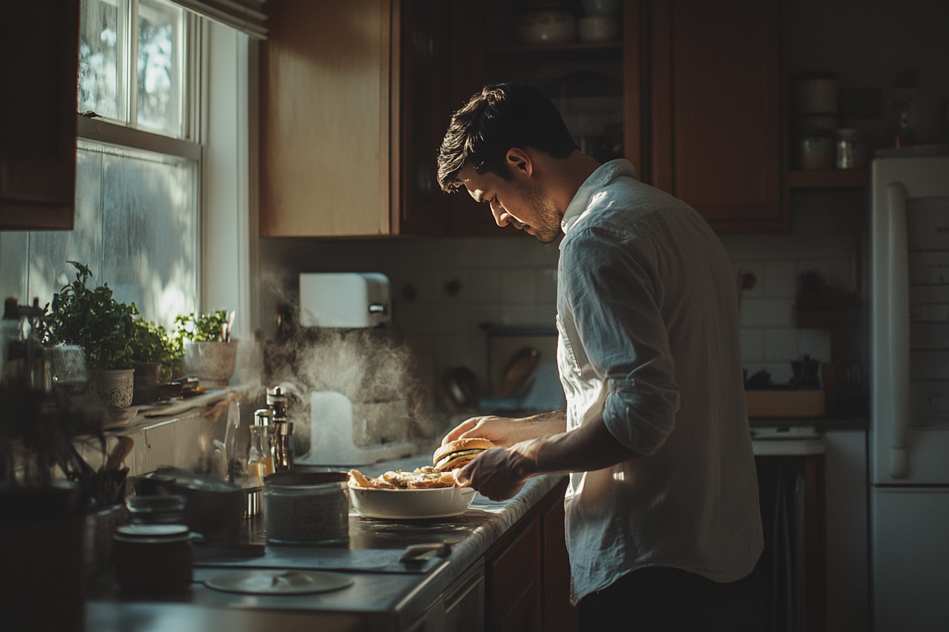 Un homme d'une trentaine d'années qui prépare un sandwich dans une cuisine | Source : Midjourney