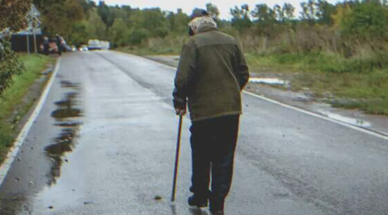 Hombre mayor solitario caminando por una carretera | Fuente: Shutterstock