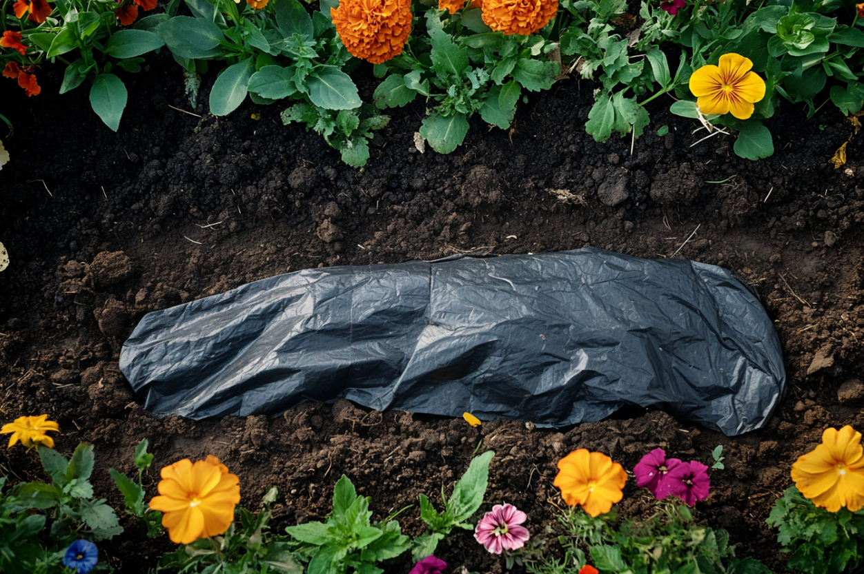 Un objet recouvert d'une bâche enterré dans un parterre de fleurs | Source : Midjourney