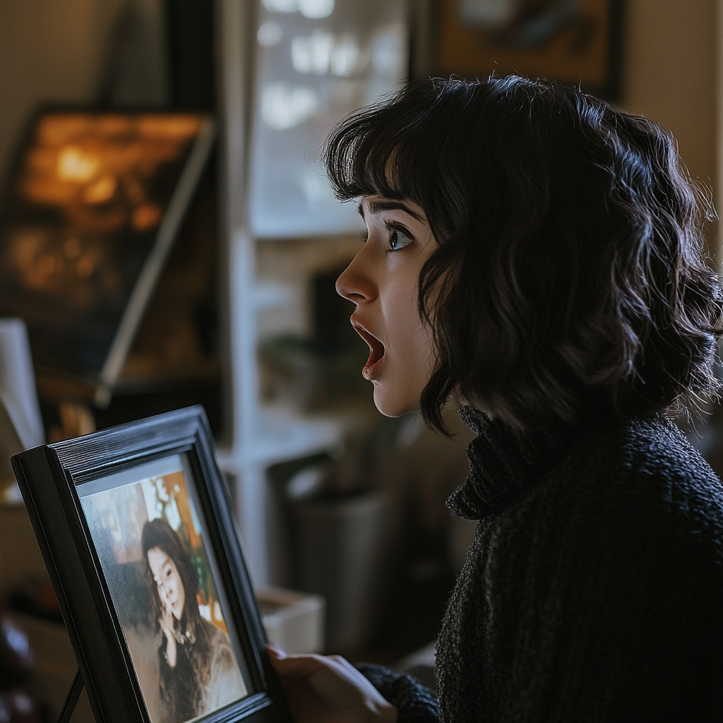 Une femme choquée qui regarde une photo | Source : Midjourney