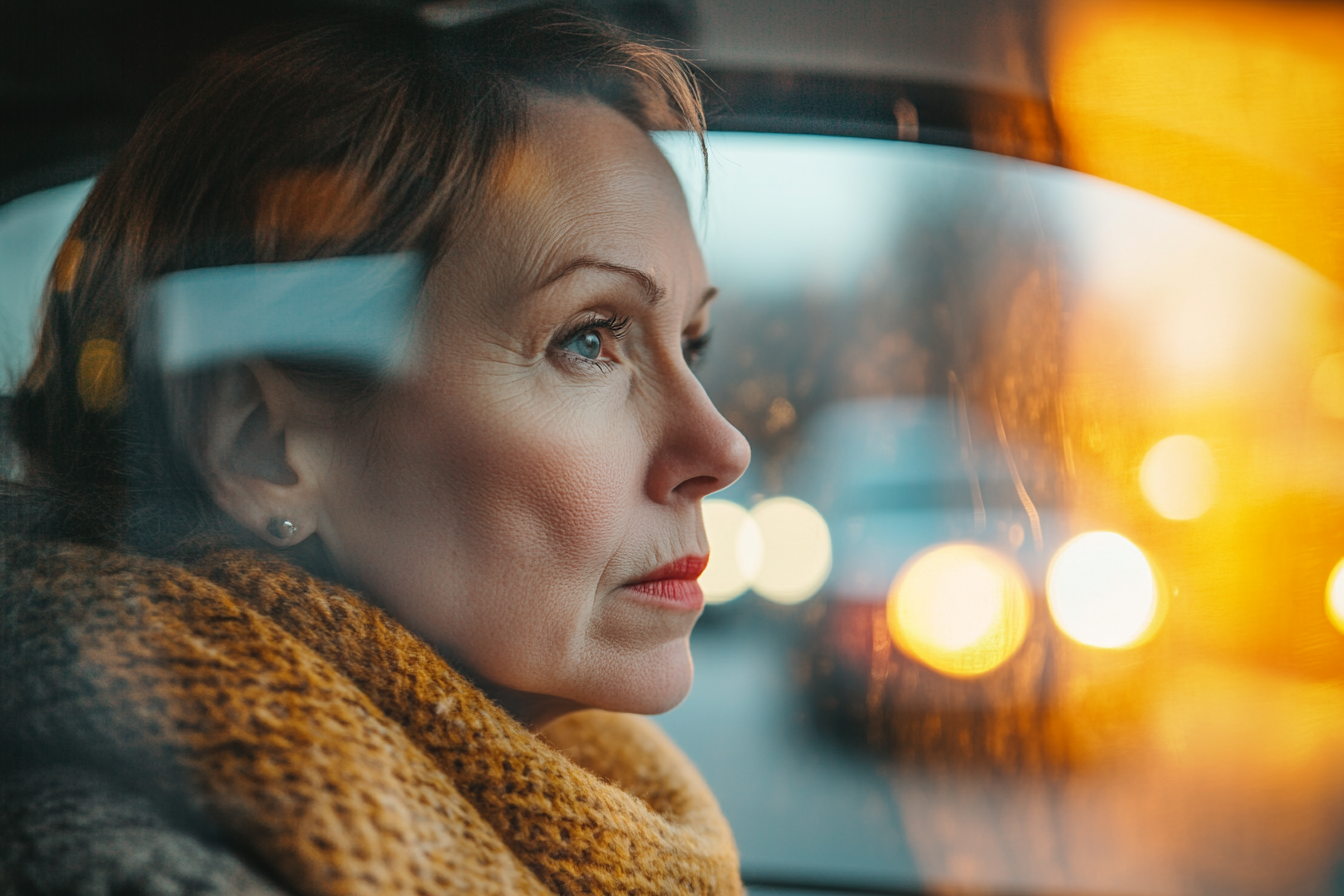 Une femme réfléchie dans un Uber | Source : Midjourney