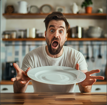 Un homme choqué fait tomber une assiette du comptoir | Source : Midjourney