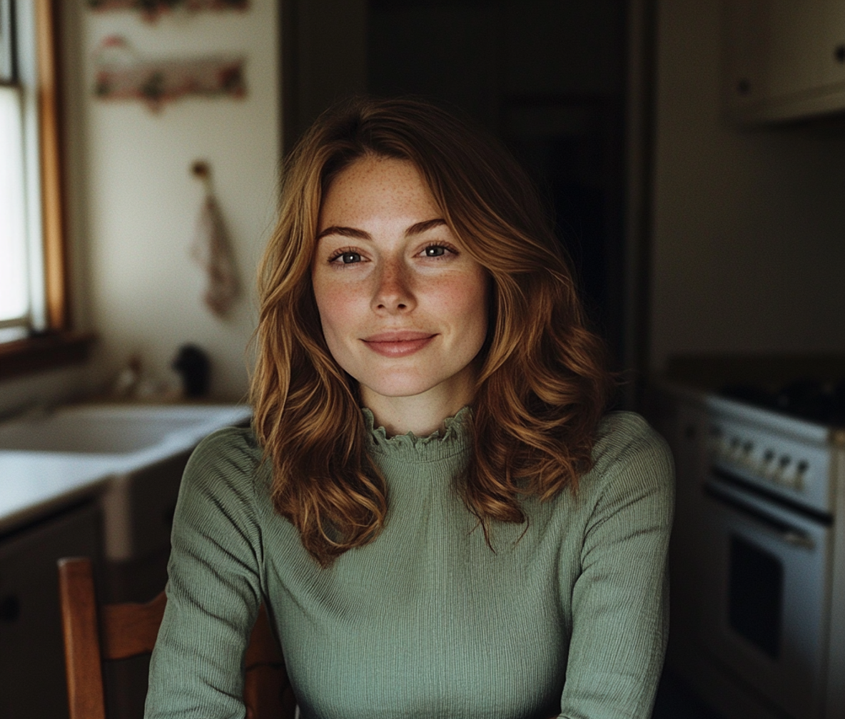 Une femme assise à une table de cuisine | Source : Midjourney
