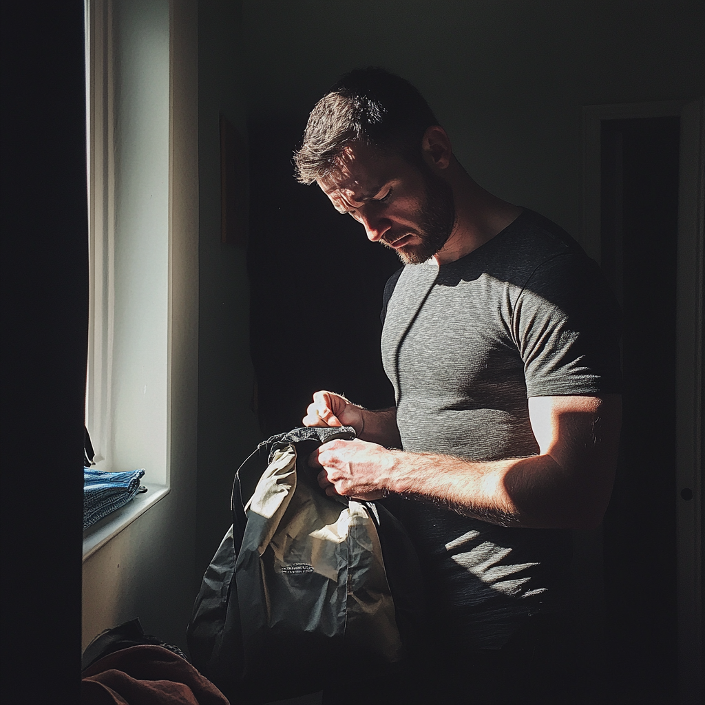 An upset man packing his bag | Source: Midjourney