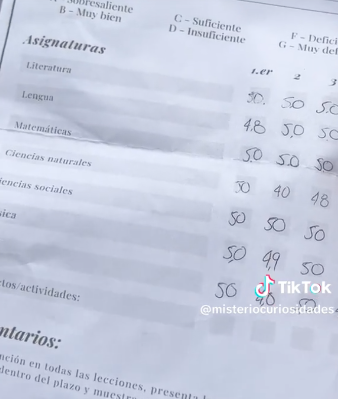 Les notes de Kike à l'école. | Source : tiktok.com/@misteriocuriosidades