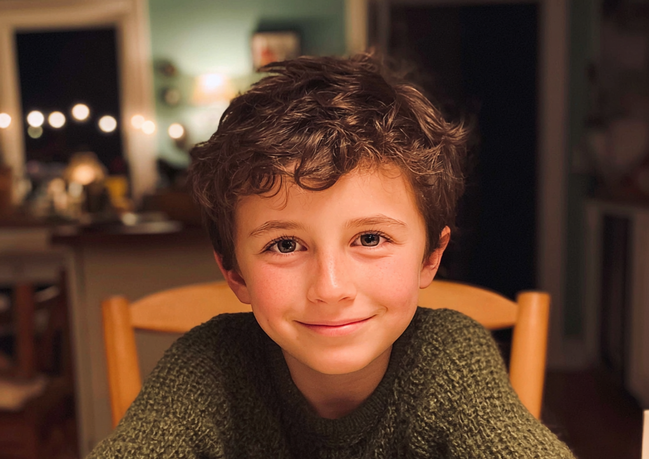 Un petit garçon souriant assis à une table à manger | Source : Midjourney