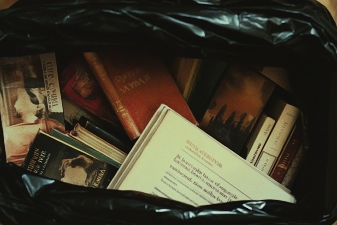 Une collection de livres dans un sac poubelle | Source : Midjourney