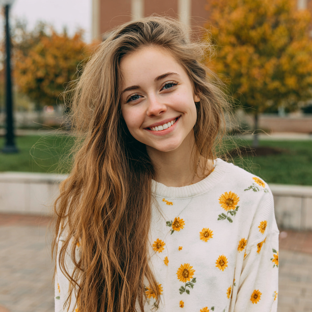 Une jeune femme souriante se tenant à l'extérieur | Source : Midjourney