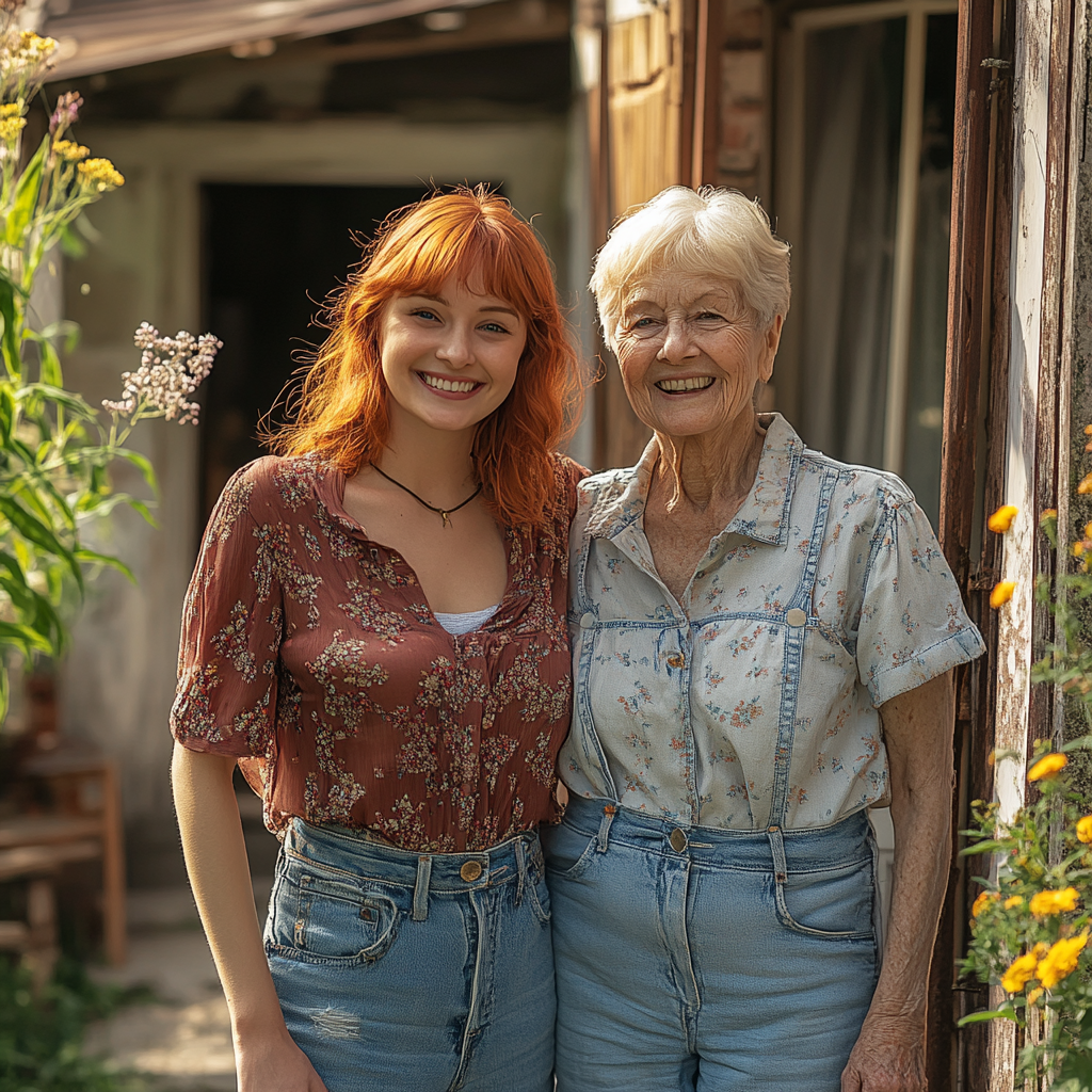 Une femme et sa maman devant la maison | Source : Midjourney