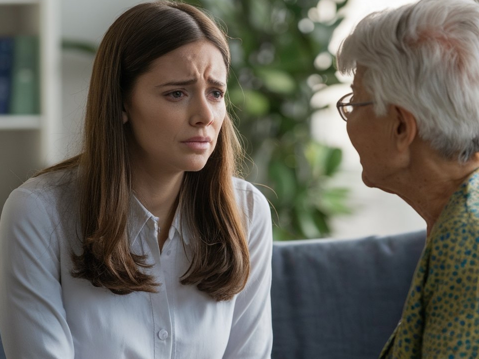 Une jeune femme qui parle à une personne âgée, l'air préoccupé | Source : Midjourney