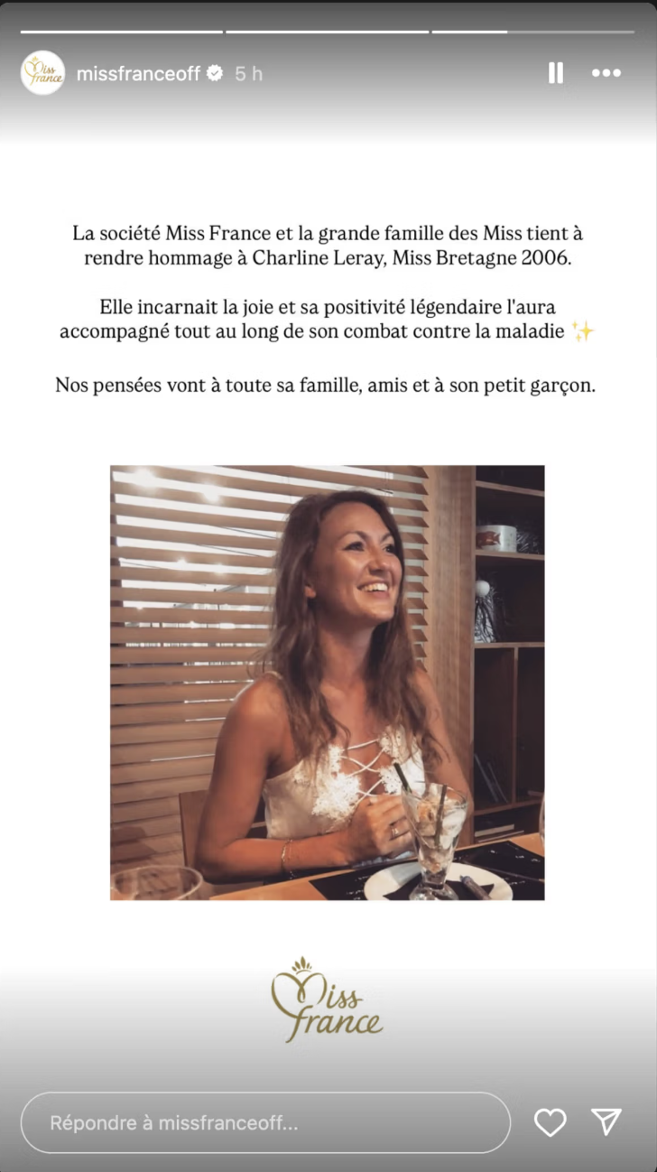 Capture d'écran de la story de la société Miss France rendant hommage à Charline Leray | Source : Instagram/missfranceoff