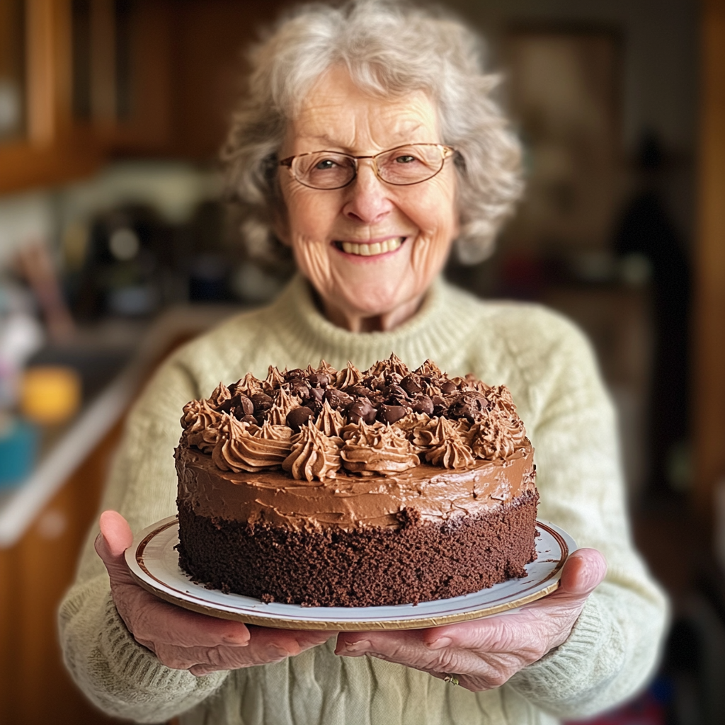 Une grand-mère tenant un gâteau au chocolat | Source : Midjourney