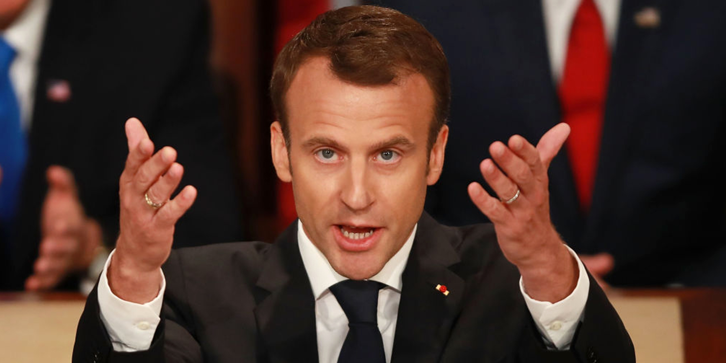 Le président français Emmanuel Macron prononce un discours lors d'une séance conjointe du Congrès américain à la Chambre des représentants, au Capitole, le 25 avril 2018 à Washington, DC. I Source : Getty Images