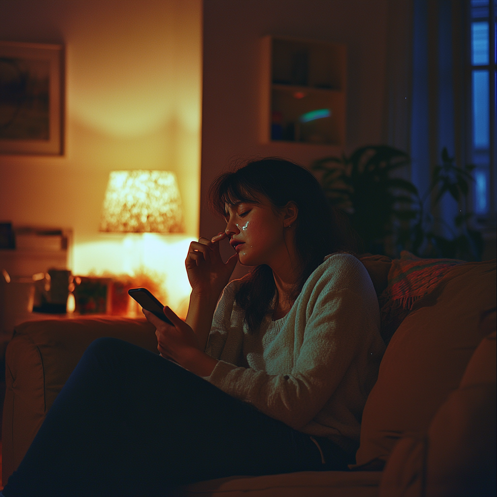 A woman sobbing while talking on the phone in her living room | Source: Midjourney