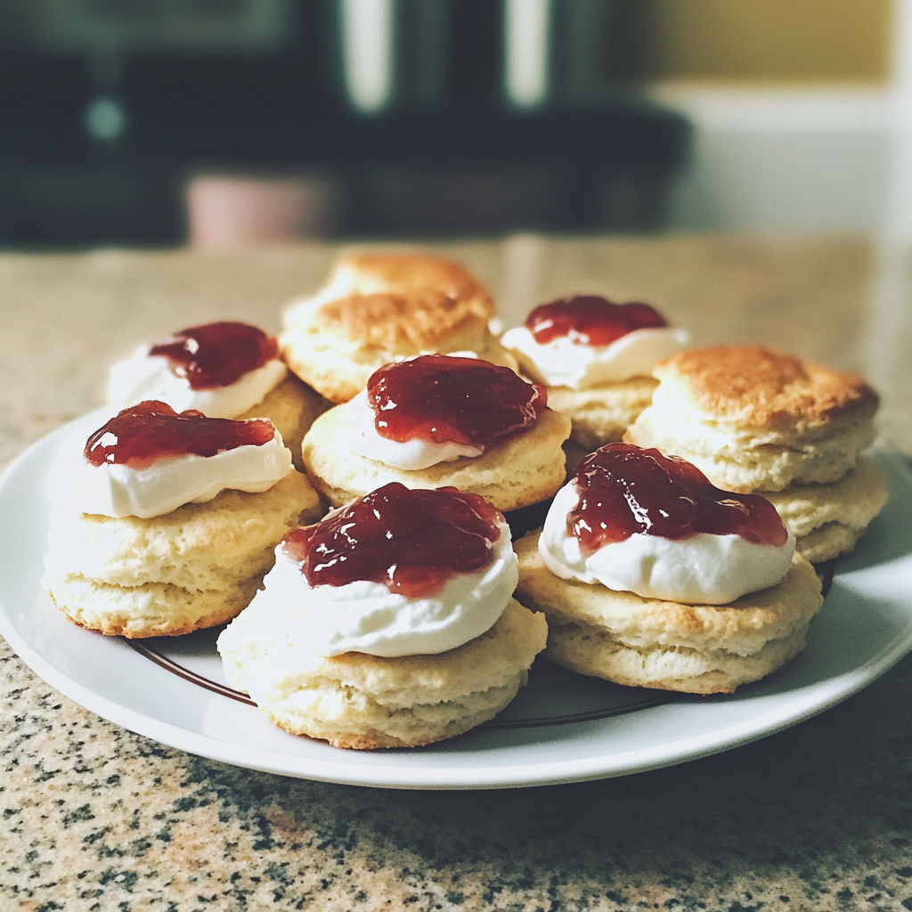 Une assiette de scones avec de la crème et de la confiture | Source : Midjourney