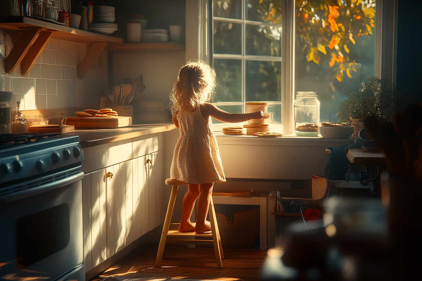 Petite fille debout sur un tabouret faisant des biscuits | Source : Midjourney