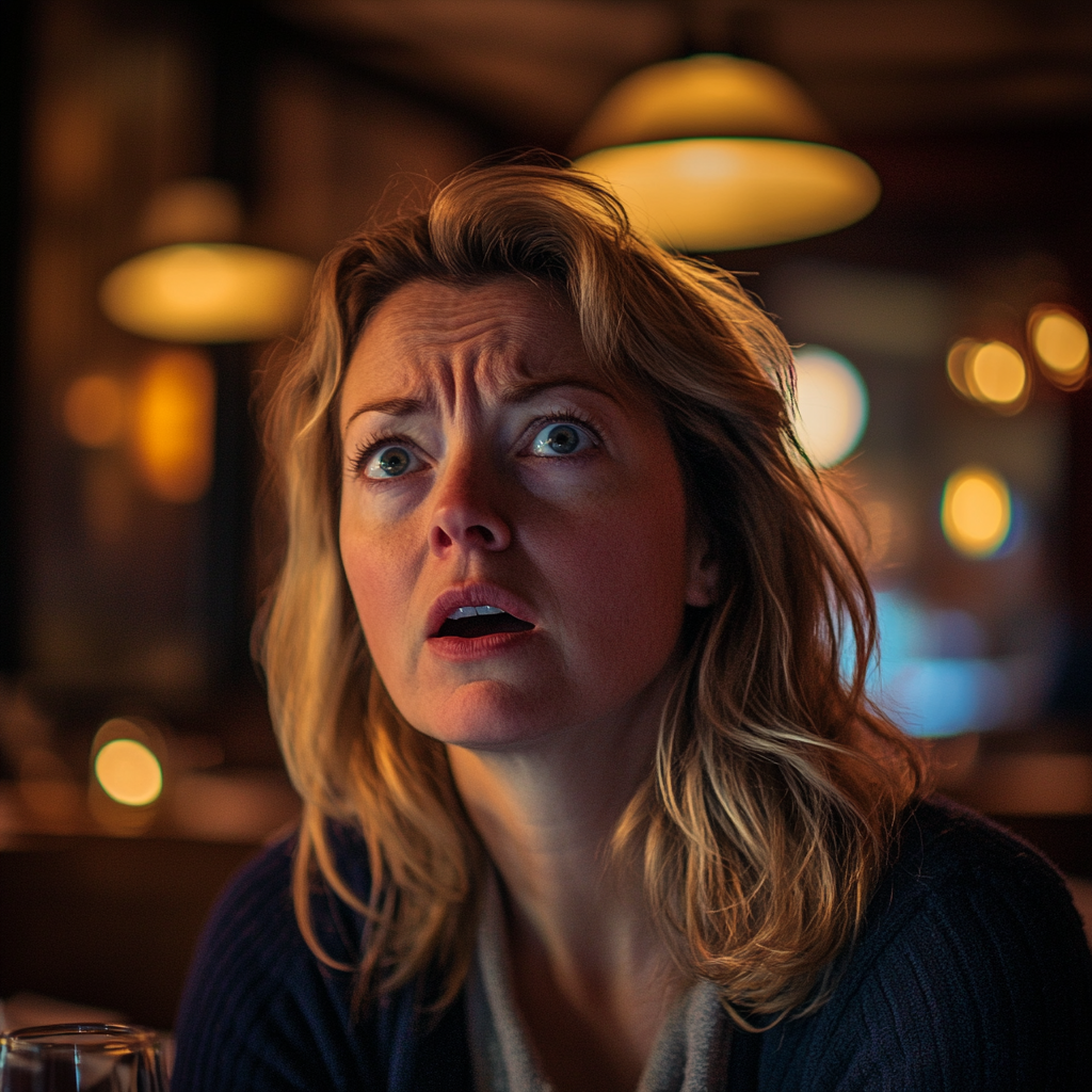 Une femme choquée et bouleversée dans un restaurant | Source : Midjourney