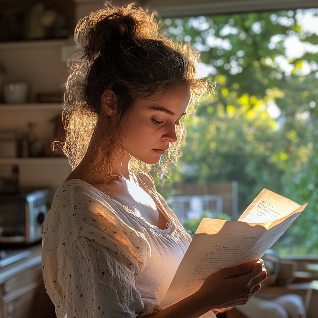 Jeune femme lisant une lettre | Source : Midjourney