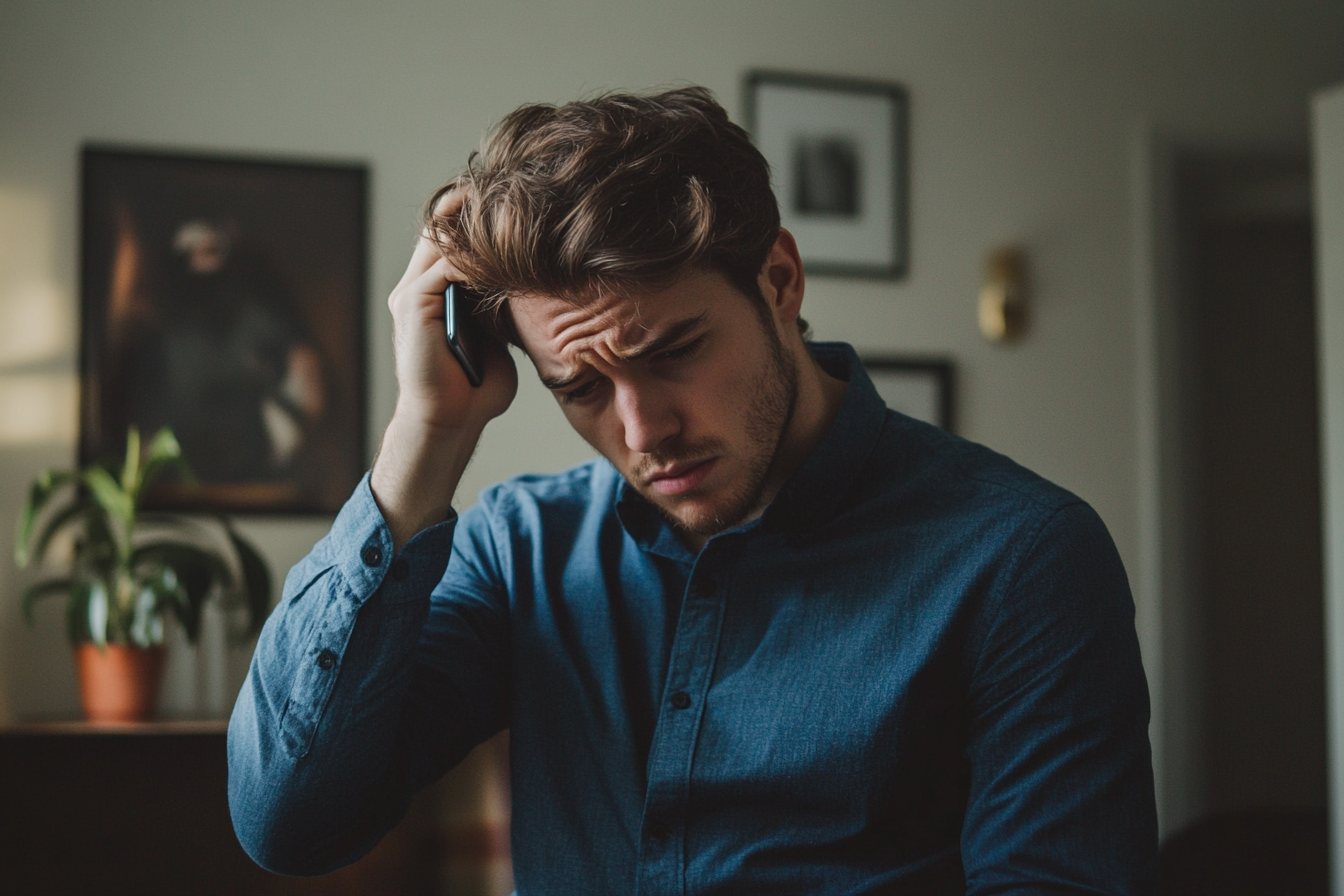 Un homme portant son téléphone à son front, l'air frustré | Source : Midjourney