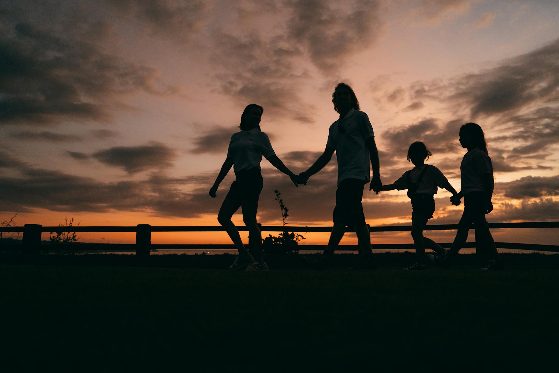Silhouette d'une famille se tenant par la main et marchant ensemble | Source : Pexels