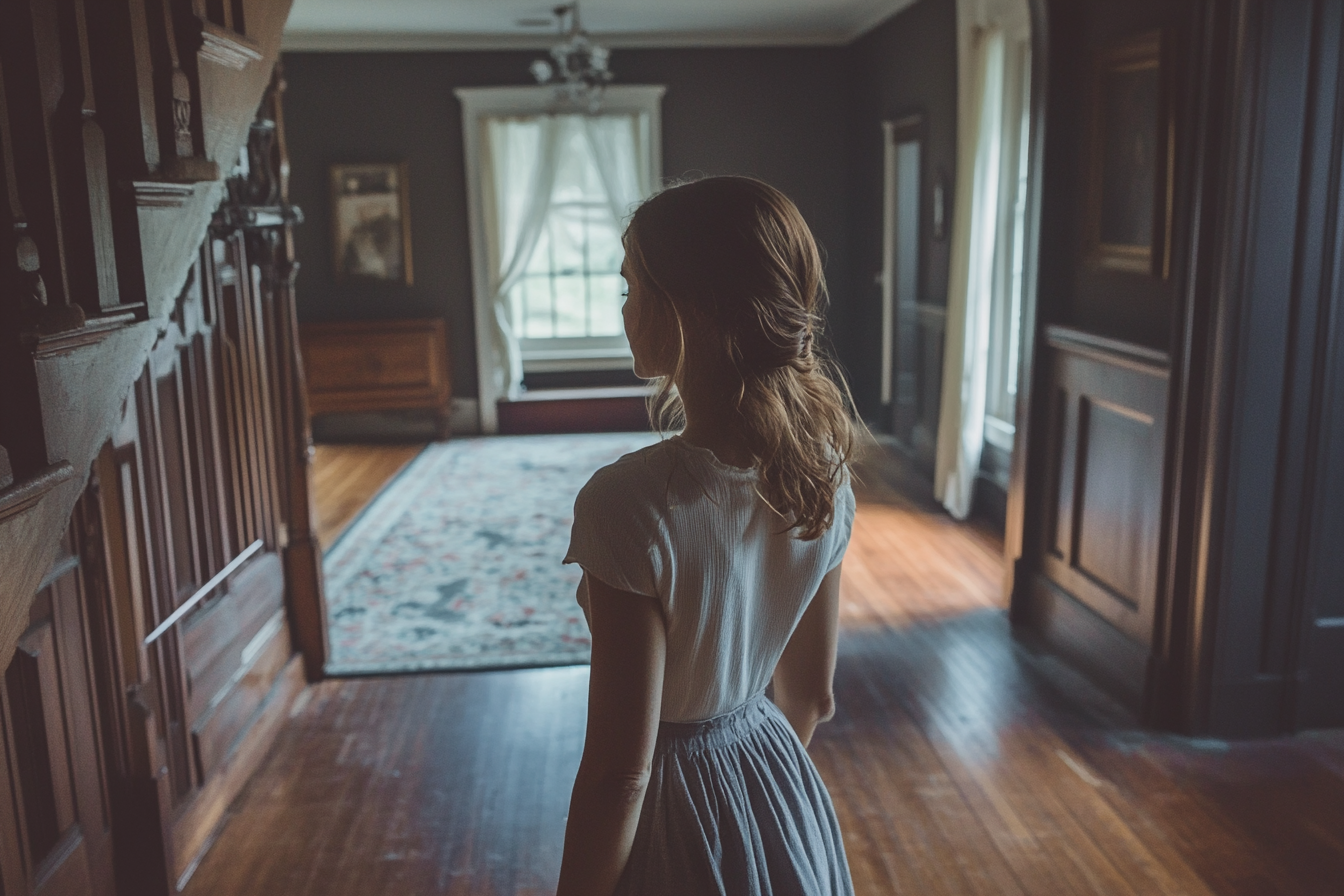 Une femme déambulant dans une grande maison | Source : Midjourney