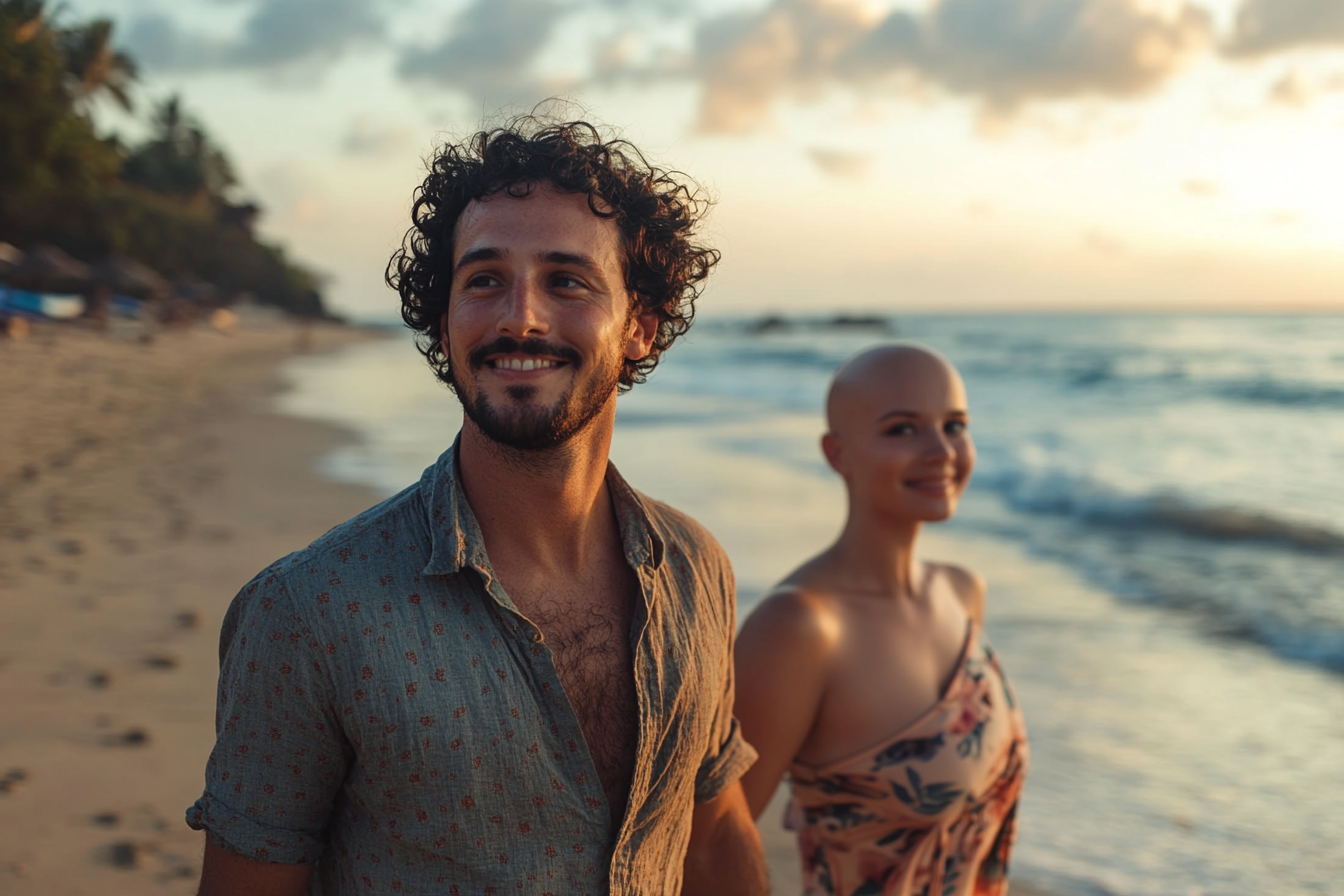 Un homme et une femme marchant ensemble sur la plage | Source : Midjourney