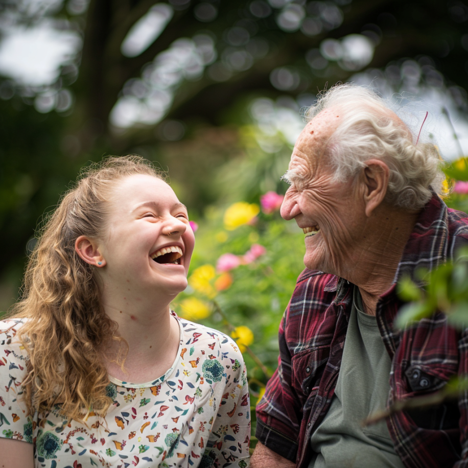 Une femme qui rit avec son grand-père en plein air | Source : Midjourney