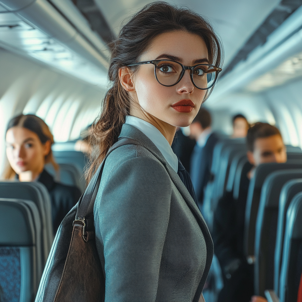 La femme qui écoute une annonce alors qu'elle s'apprête à sortir de l'avion | Source : Midjourney