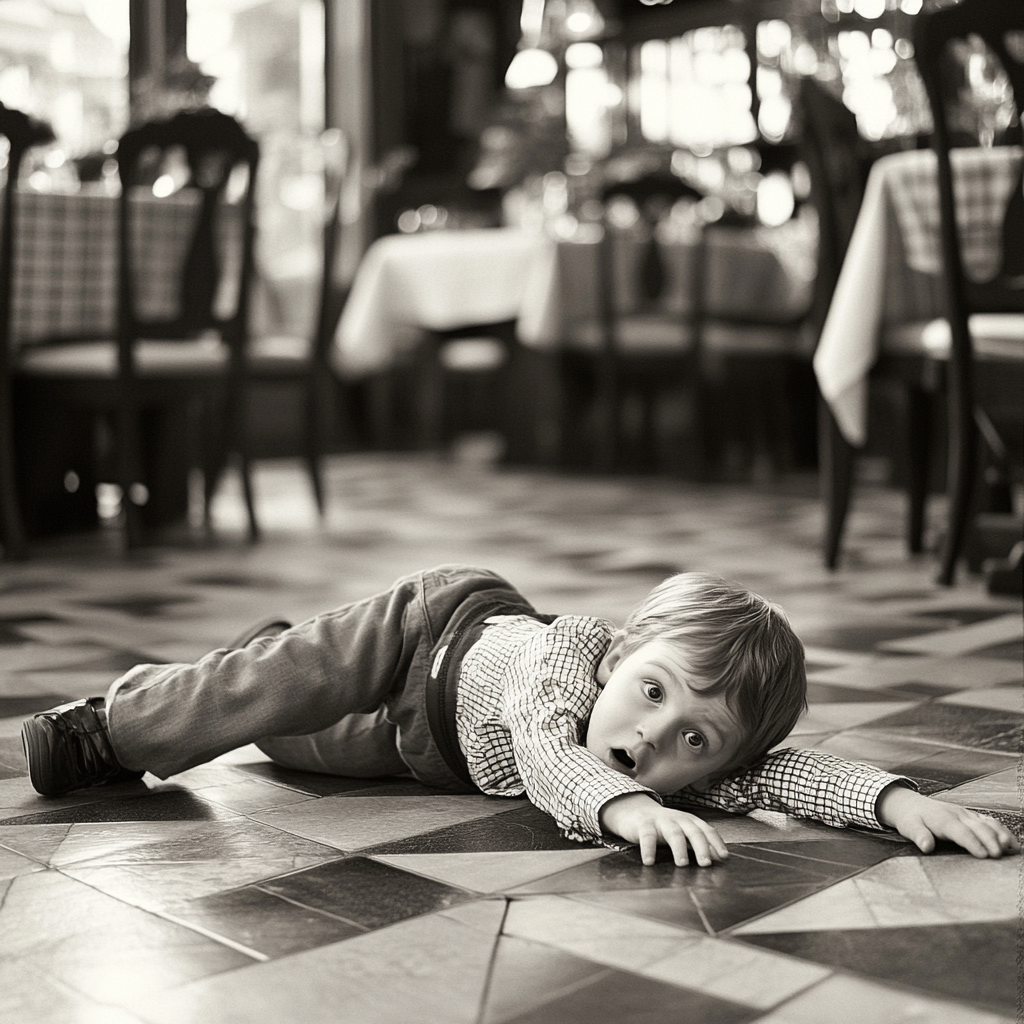 Jeune garçon tombant sur le sol d'un restaurant | Source : Midjourney