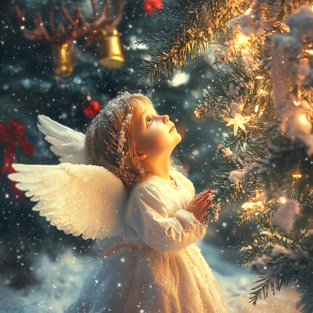 Un ange sous un sapin de Noël | Source : Midjourney