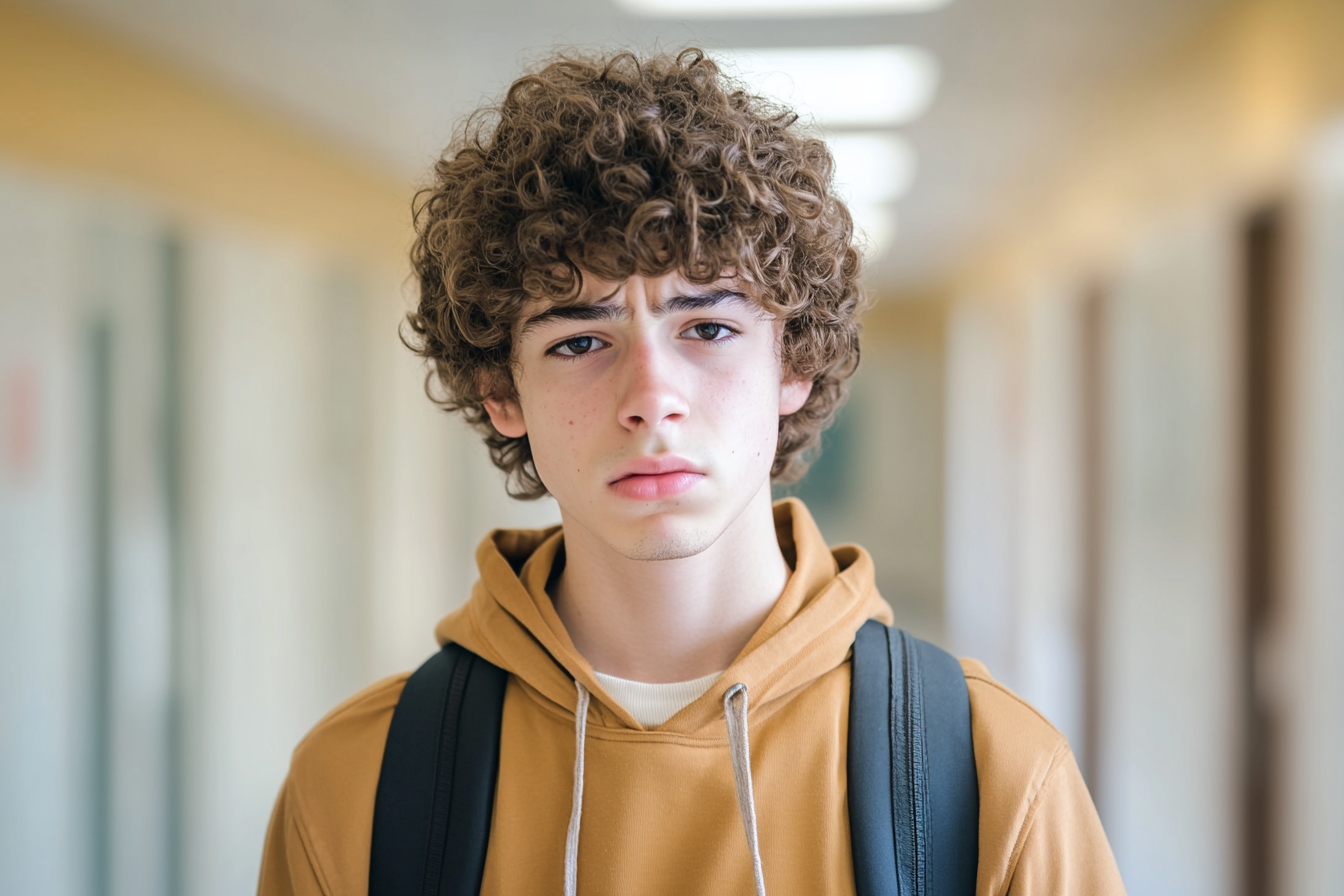 Un adolescent à l'air triste debout dans un couloir d'école | Source : Midjourney