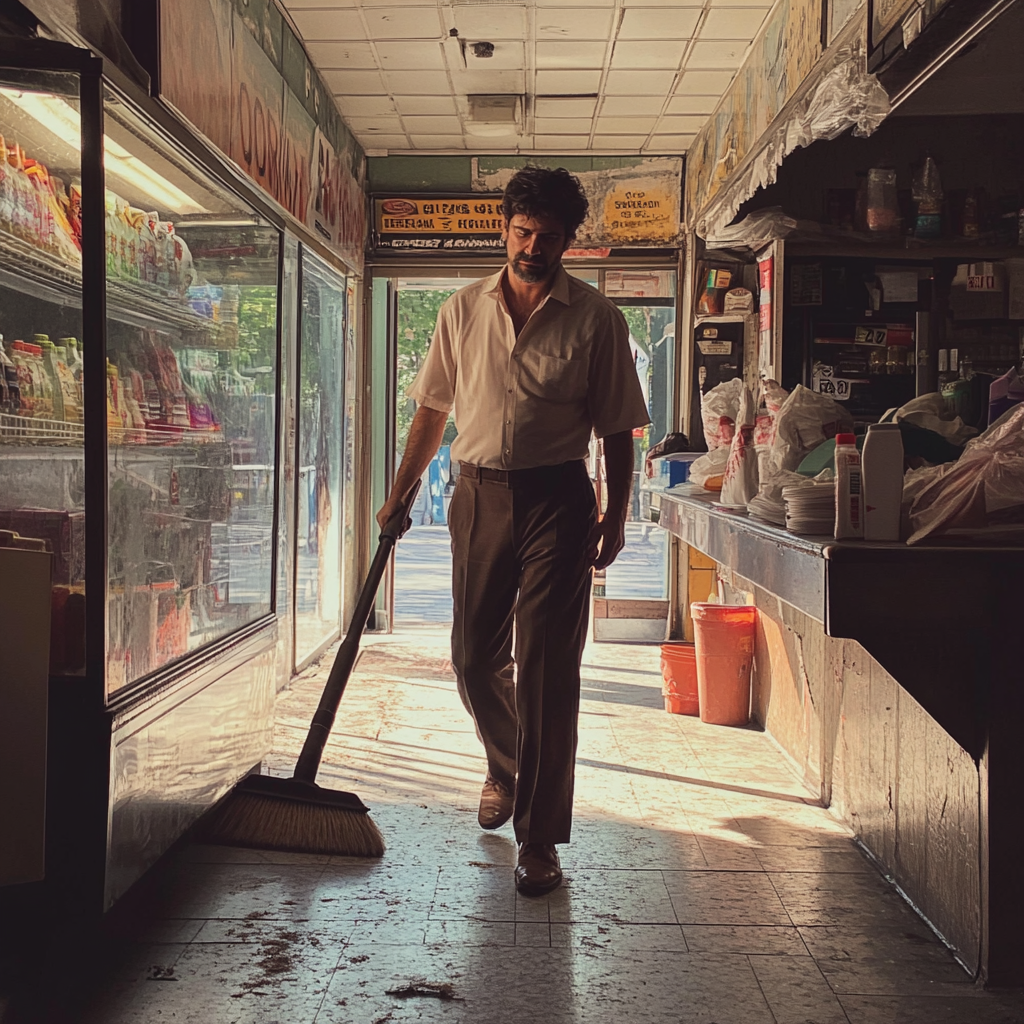 Un homme qui nettoie un magasin | Source : Midjourney