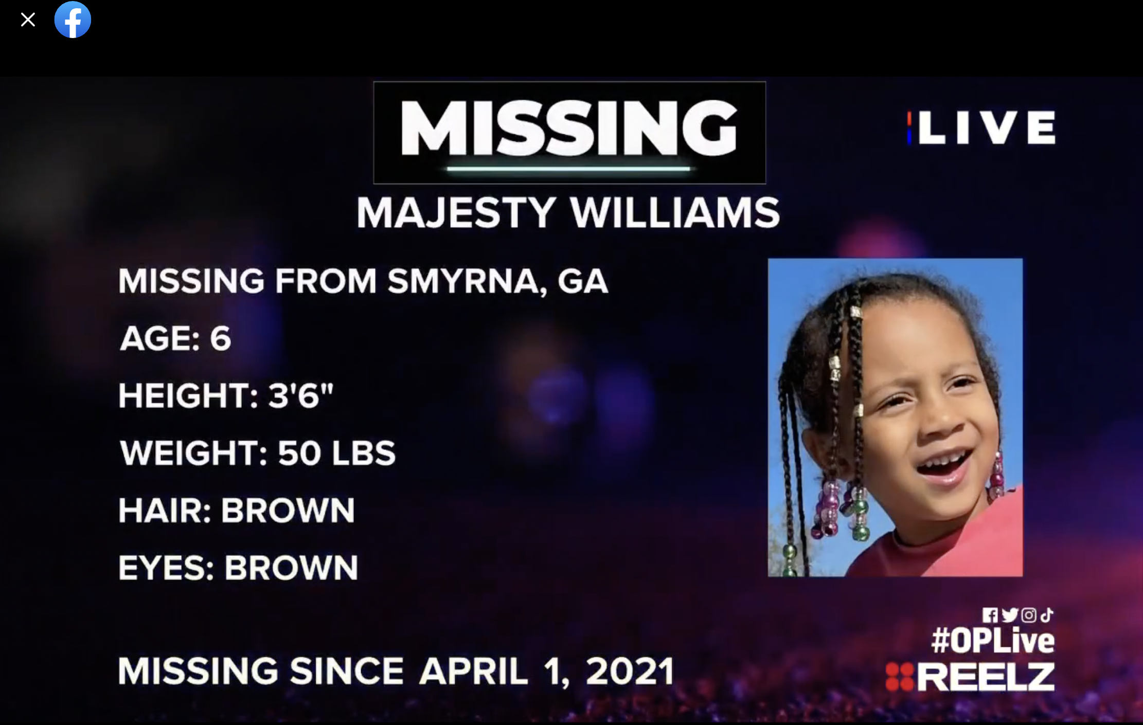 Avis de disparition actualisé de Majesty Williams les 11 et 30 mars 2023, après son enlèvement à Smyrna, en Géorgie, le 1er avril 2021 | Source : YouTube/National Center for Missing & Exploited Children (Centre national pour les enfants disparus et exploités)