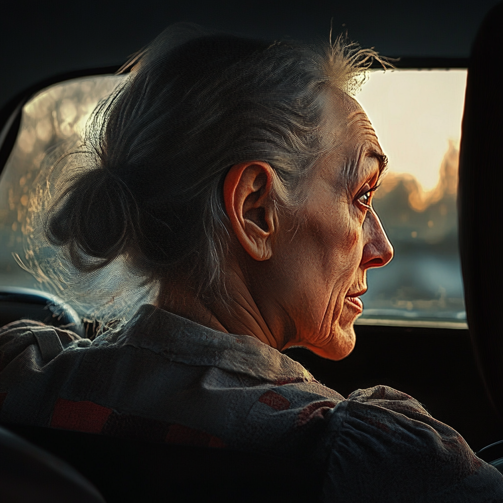 Une vieille dame assise dans la voiture | Source : Midjourney