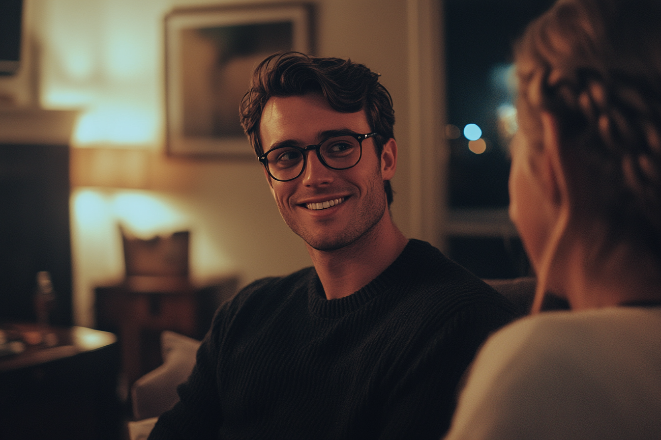 Homme d'une trentaine d'années portant des lunettes et souriant d'un air penaud, assis sur un canapé avec sa femme dans un salon la nuit | Source : Midjourney