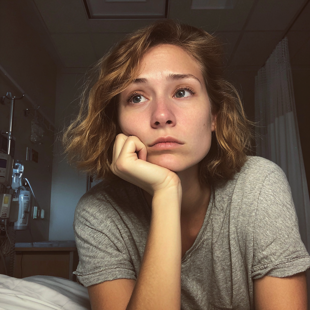 Une femme émotive assise dans la salle d'un médecin | Source : Midjourney