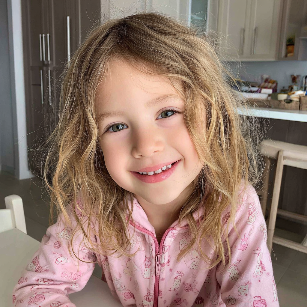 Une petite fille souriante portant un pyjama rose | Source : Midjourney