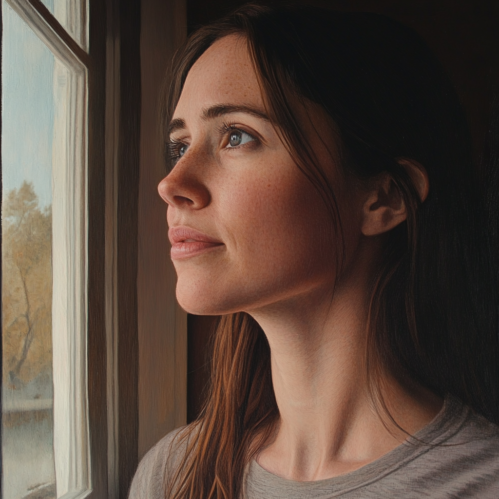 Une femme pensive qui regarde par la fenêtre | Source : Midjourney