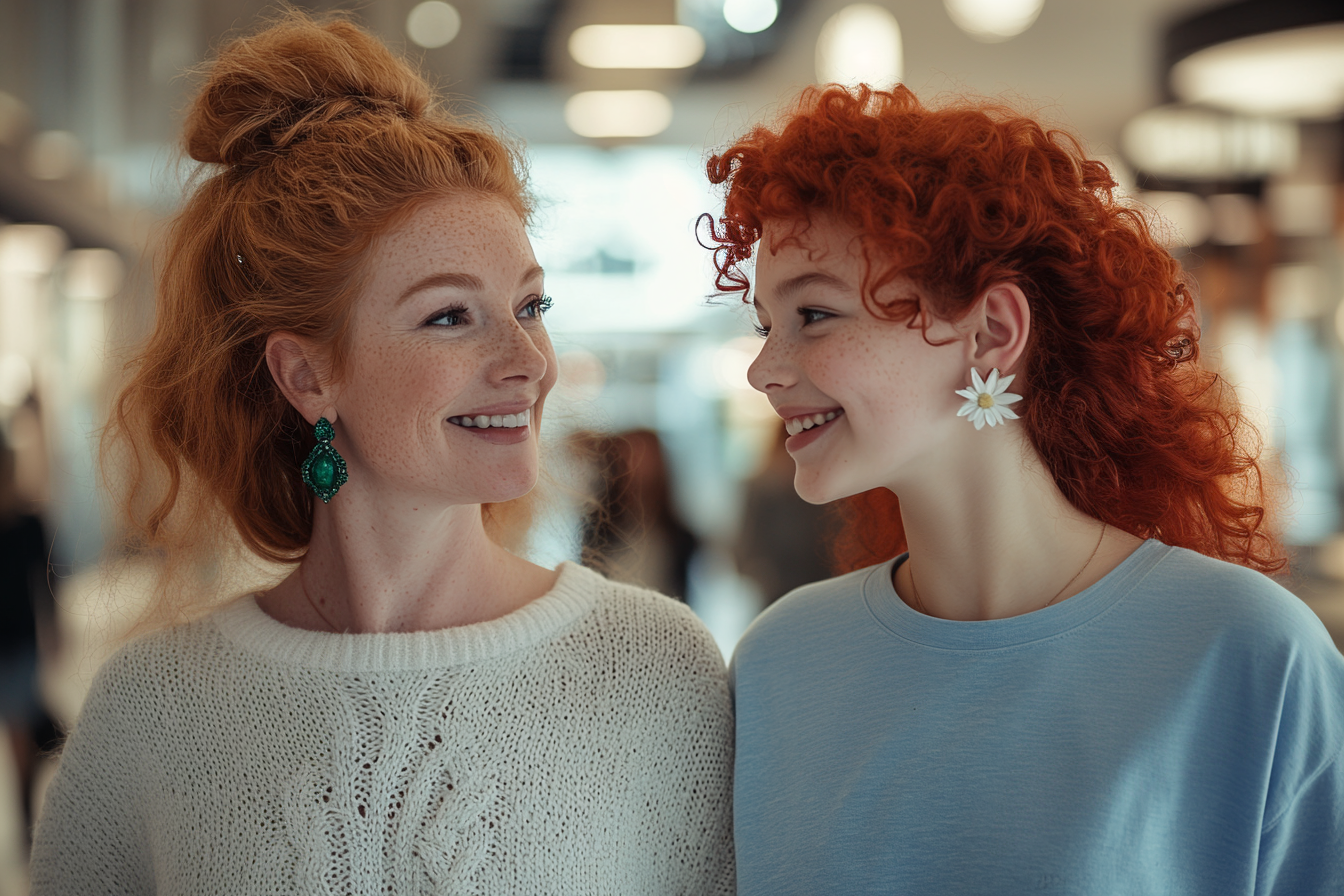 Une femme d'une trentaine d'années et sa fille souriantes alors qu'elles se promènent dans un centre commercial | Source : Midjourney