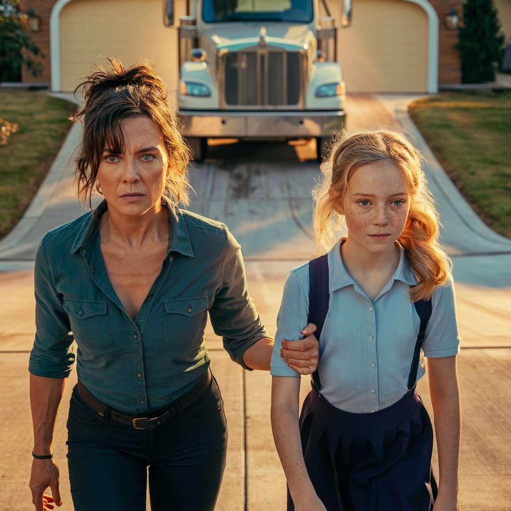 Une femme et une adolescente remontent une allée bloquée par un camion | Source : Midjourney