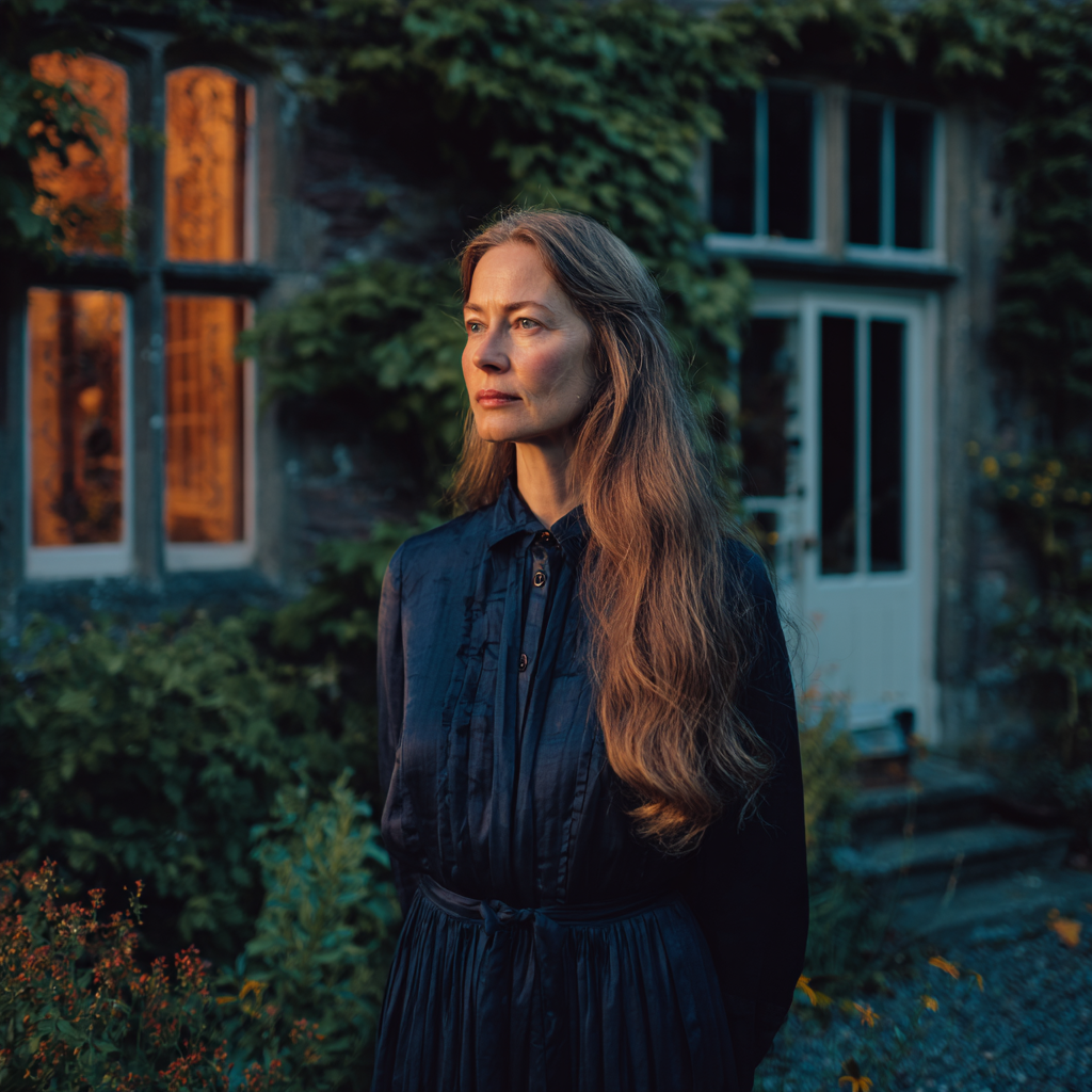 Une femme pensive se tenant devant une maison | Source : Midjourney