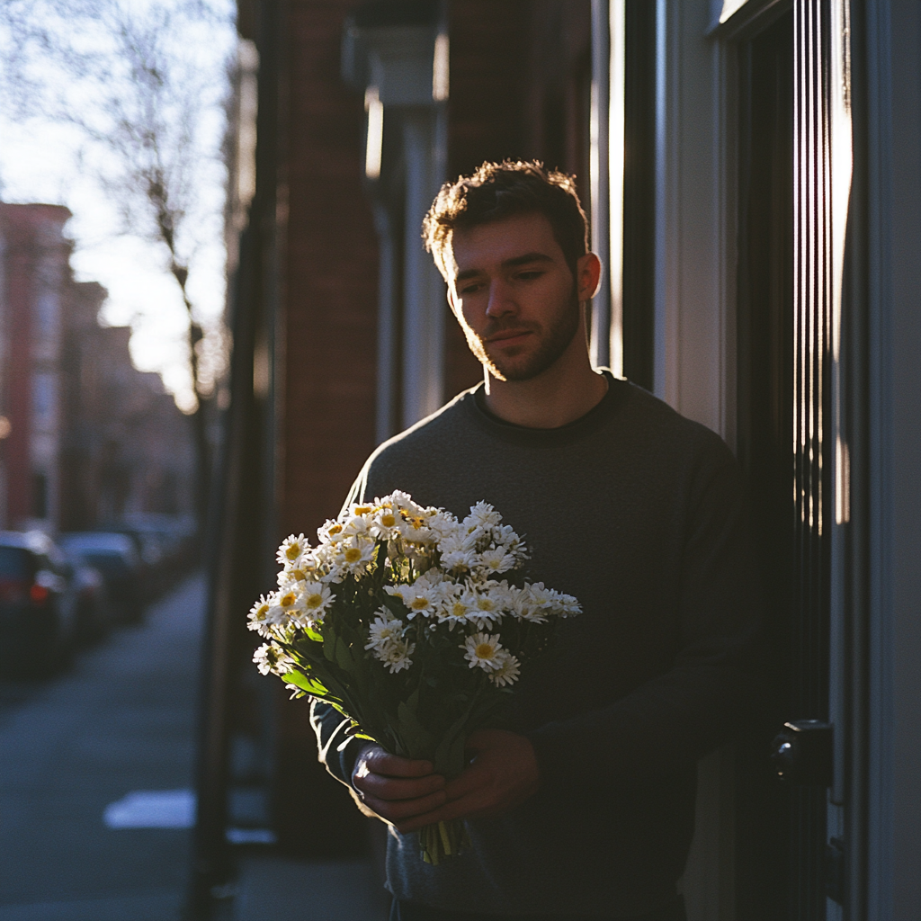 Un homme tenant des fleurs devant la porte d'un appartement | Source : Midjourney